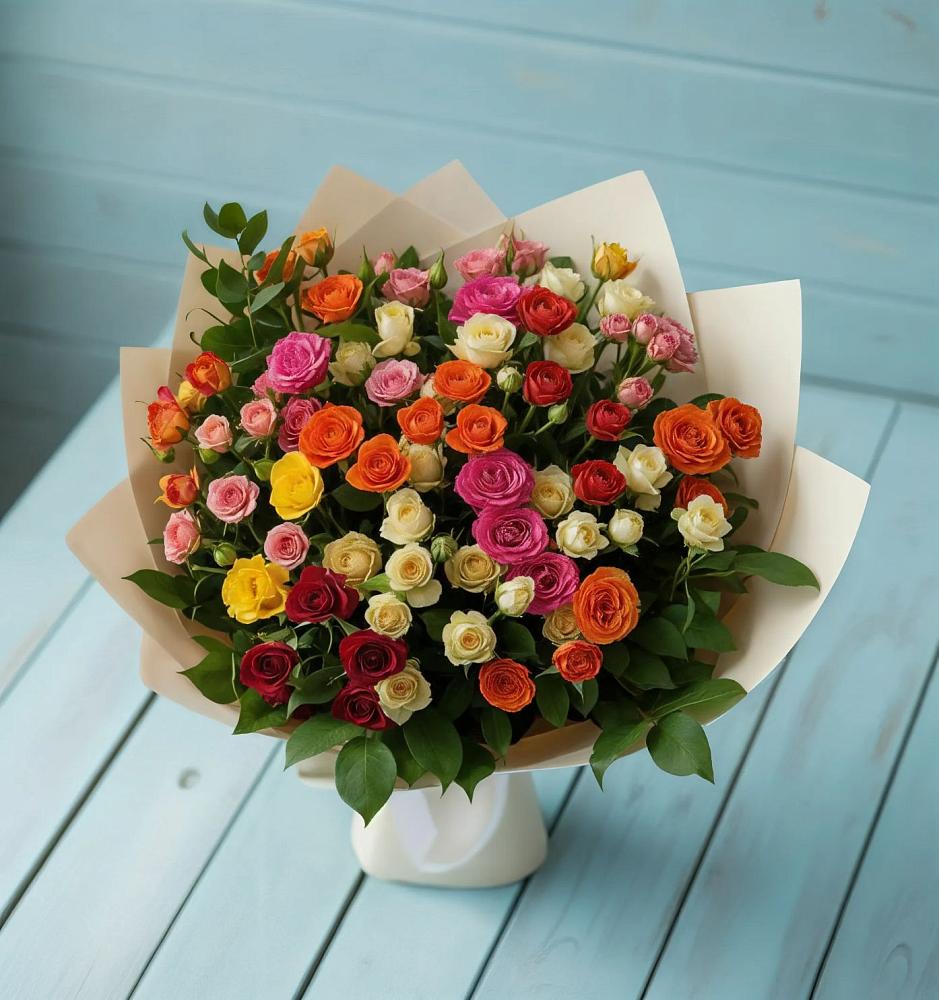 Букет Микс из разноцветных кустовых роз в Краснокумском